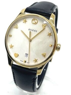 Gucci Gold-Tone Case Mother of Pearl Dial Black Leather Strap Watch